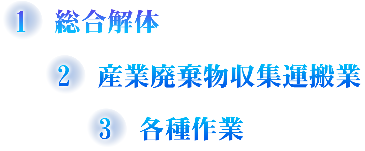 1　総合解体
2　産業廃棄物収集運搬業
3　各種作業